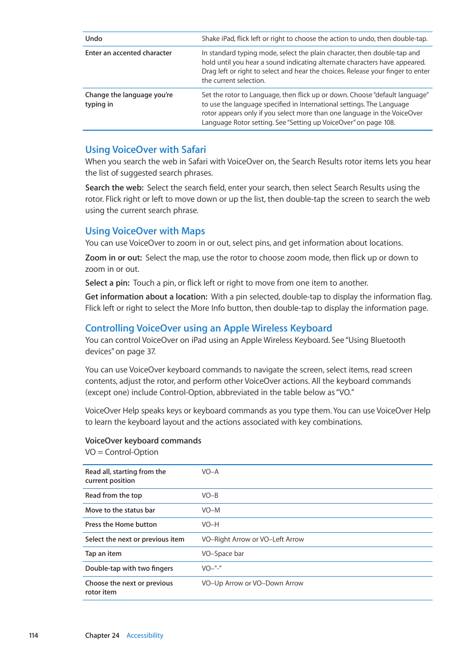 Using voiceover with safari, Using voiceover with maps | Apple iPad iOS 5.1 User Manual | Page 114 / 144