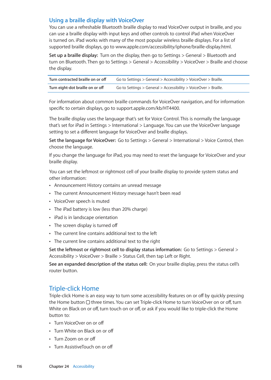 Triple-click home, 116 triple-click home, Using a braille display with voiceover | Apple iPad iOS 5.1 User Manual | Page 116 / 144