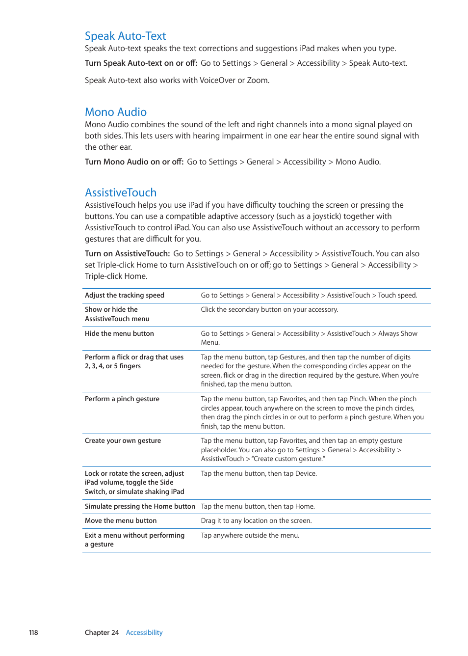 Speak auto-text, Mono audio, Assistivetouch | Apple iPad iOS 5.1 User Manual | Page 118 / 144