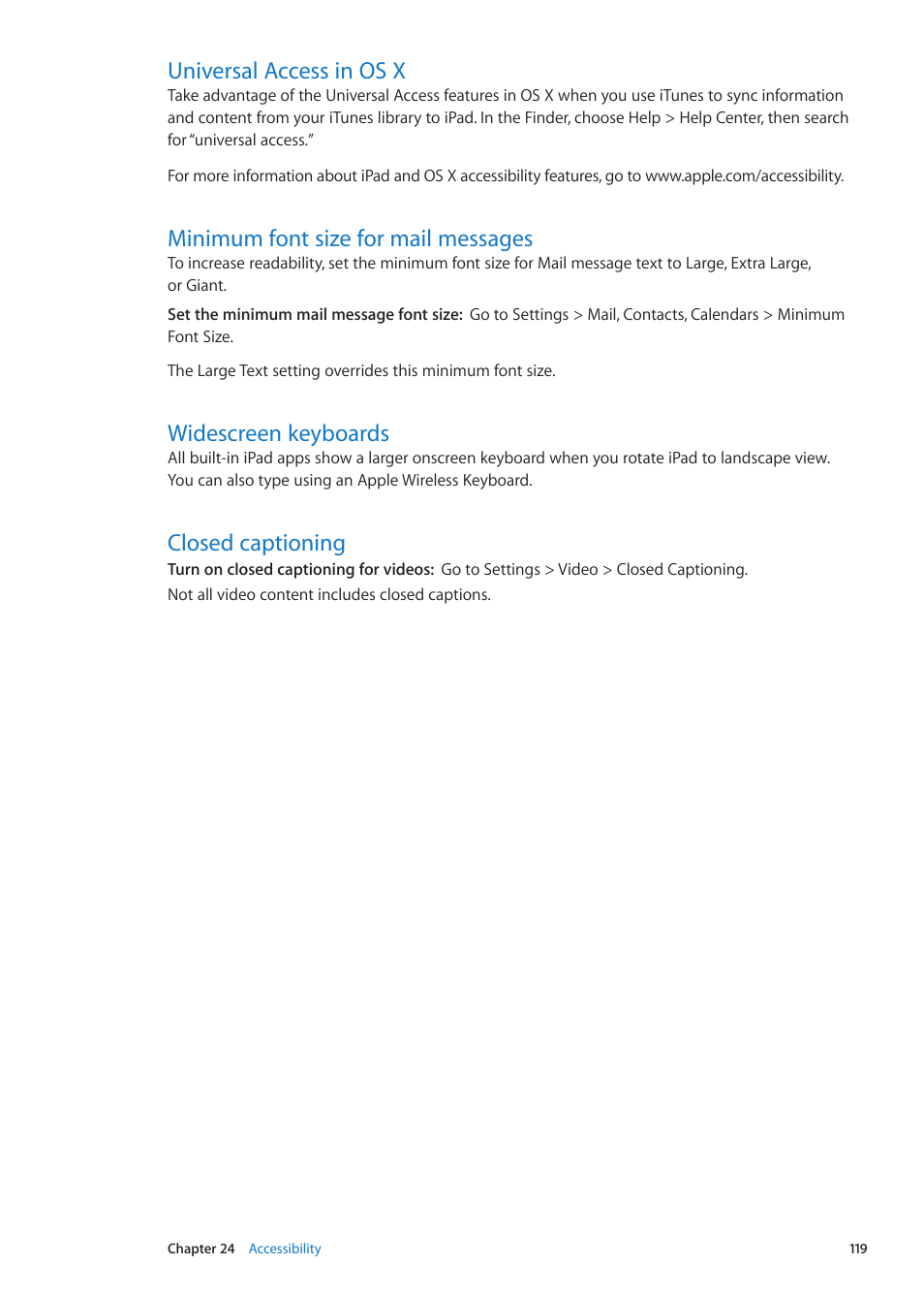 Universal access in os x, Minimum font size for mail messages, Widescreen keyboards | Closed captioning | Apple iPad iOS 5.1 User Manual | Page 119 / 144