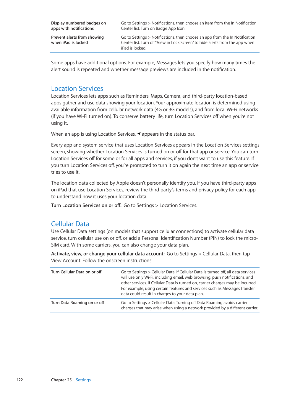 Location services, Cellular data, 122 location services 122 cellular data | Apple iPad iOS 5.1 User Manual | Page 122 / 144