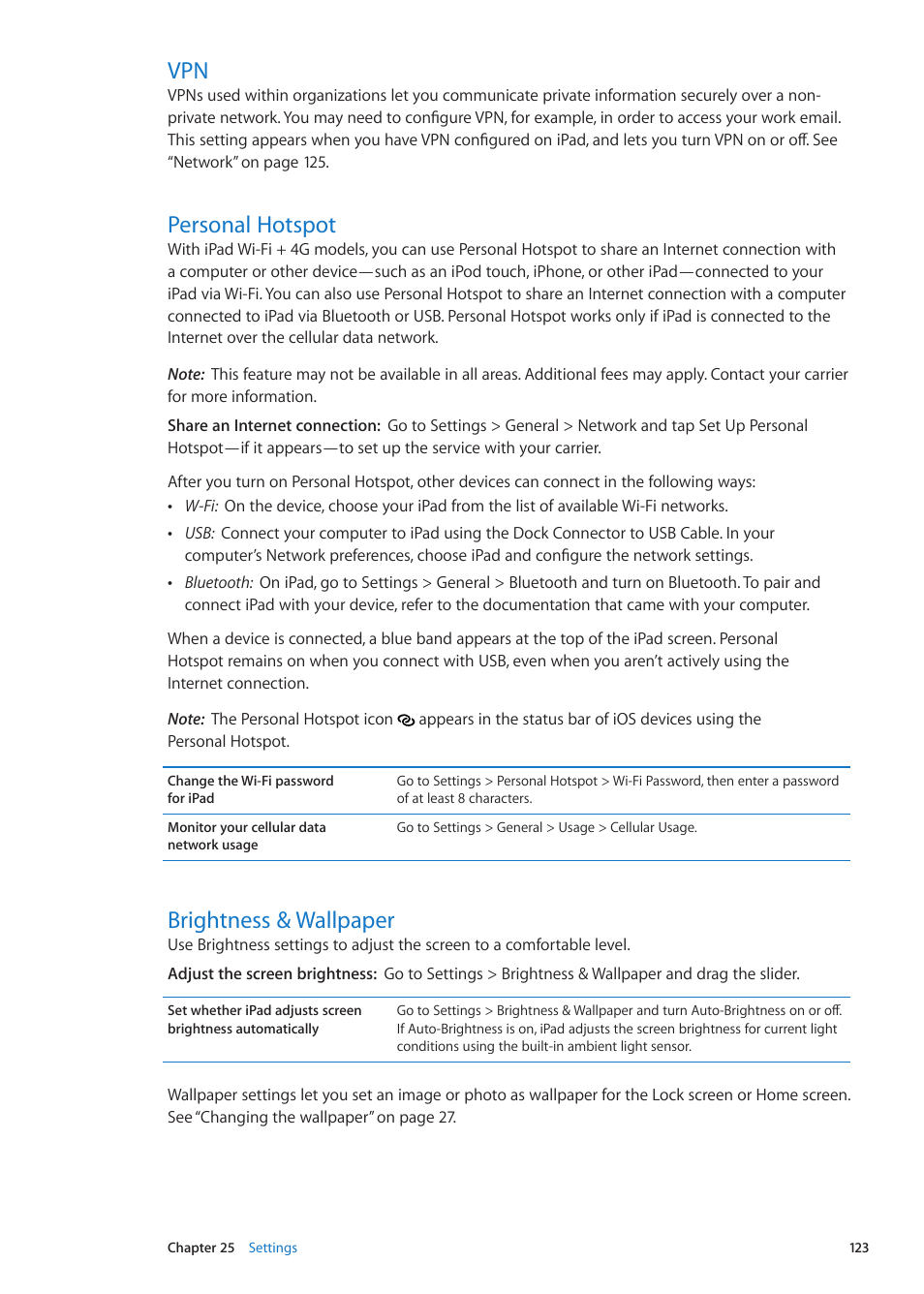 Personal hotspot, Brightness & wallpaper | Apple iPad iOS 5.1 User Manual | Page 123 / 144