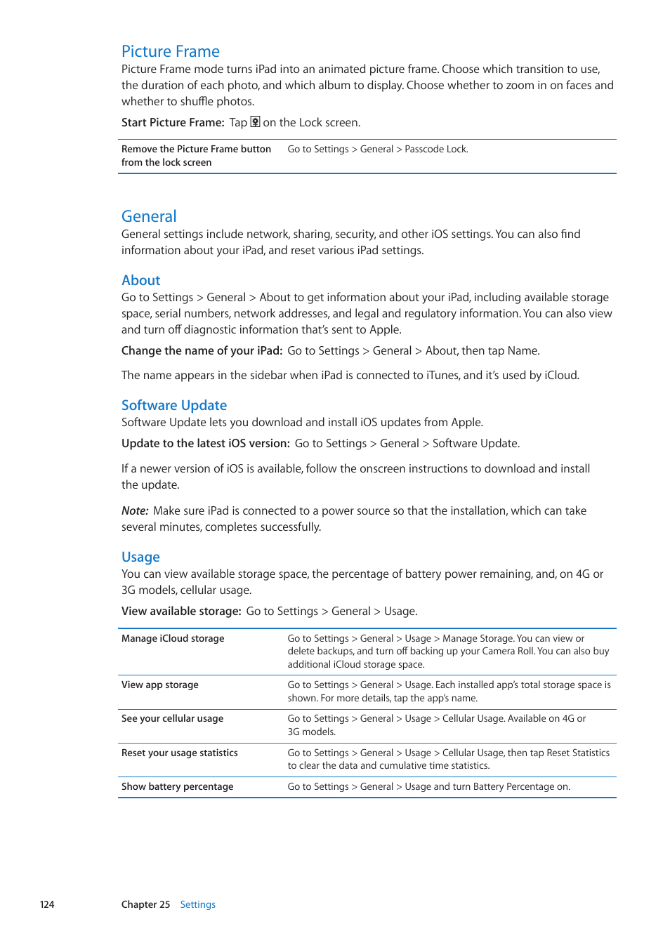 Picture frame, General, 124 picture frame 124 general | About, Software update, Usage | Apple iPad iOS 5.1 User Manual | Page 124 / 144