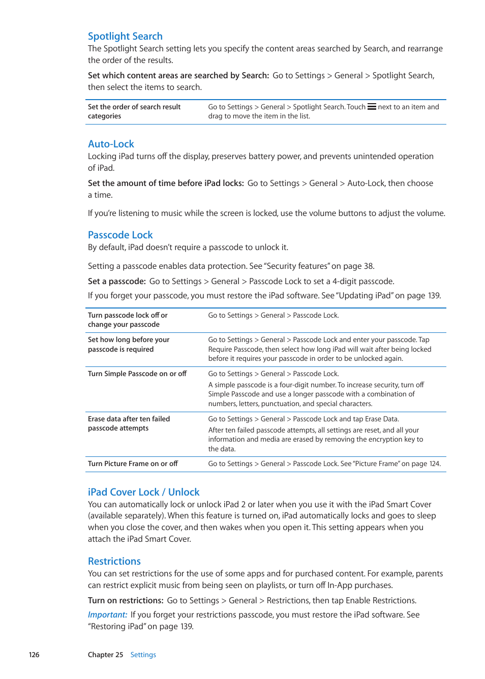 Spotlight search, Auto-lock, Passcode lock | Ipad cover lock / unlock, Restrictions | Apple iPad iOS 5.1 User Manual | Page 126 / 144