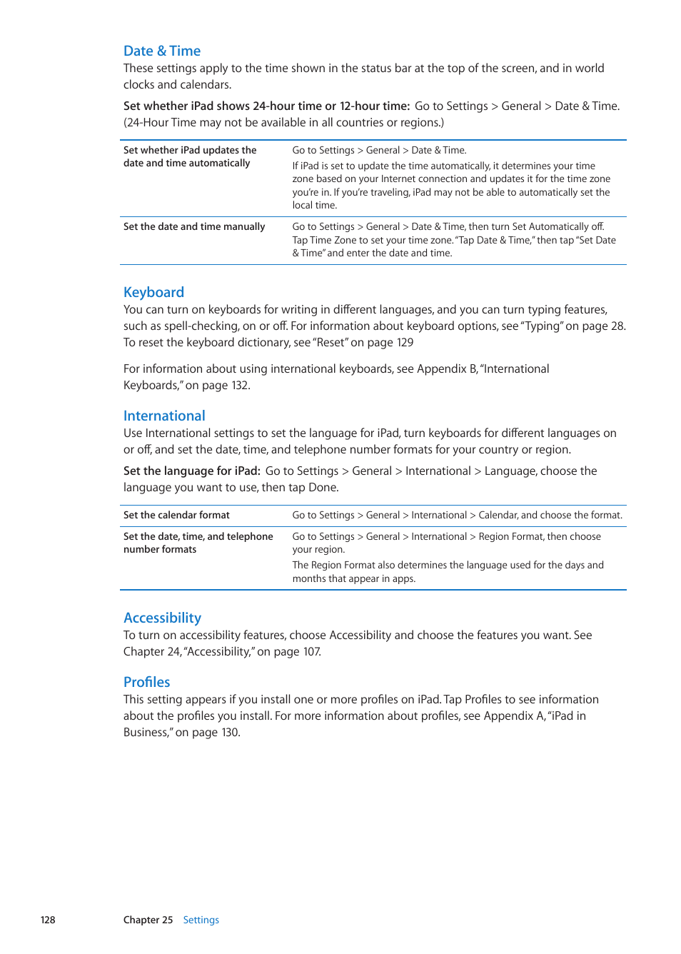 Date & time, Keyboard, International | Accessibility, Profiles | Apple iPad iOS 5.1 User Manual | Page 128 / 144