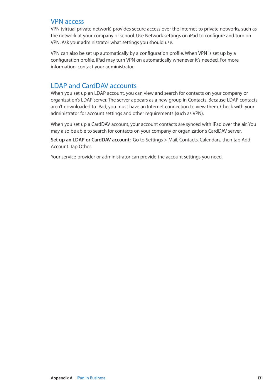 Vpn access, Ldap and carddav accounts, 131 vpn access 131 ldap and carddav accounts | Apple iPad iOS 5.1 User Manual | Page 131 / 144