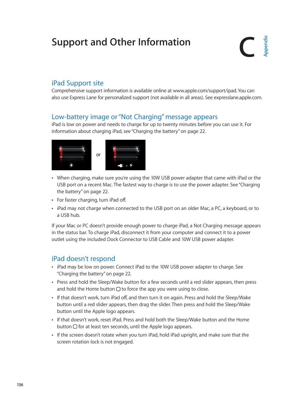 Appendix c: support and other information, Ipad support site, Ipad doesn’t respond | Appendix c: support and other information, Support and other information | Apple iPad iOS 5.1 User Manual | Page 136 / 144