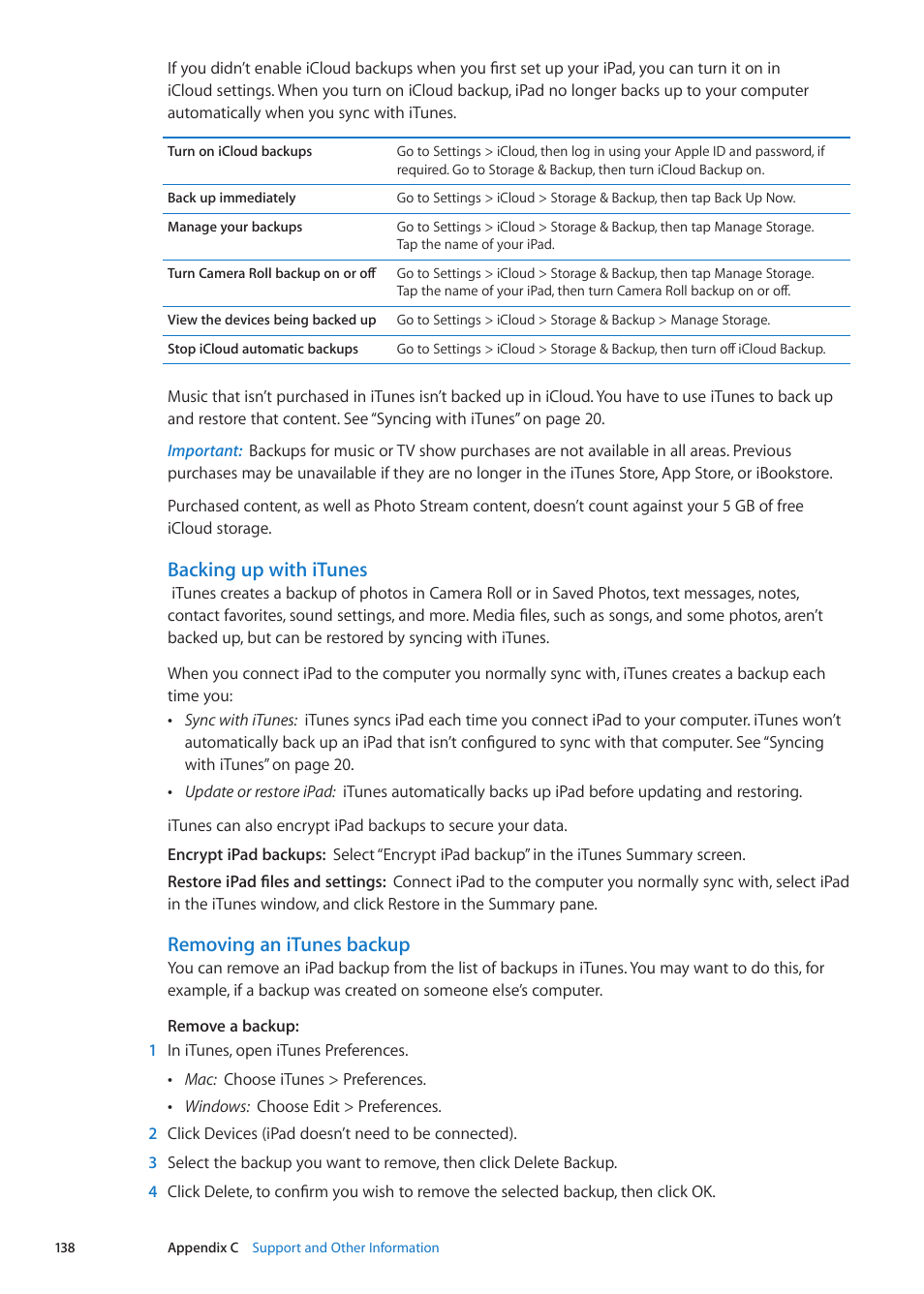 Backing up with itunes, Removing an itunes backup | Apple iPad iOS 5.1 User Manual | Page 138 / 144