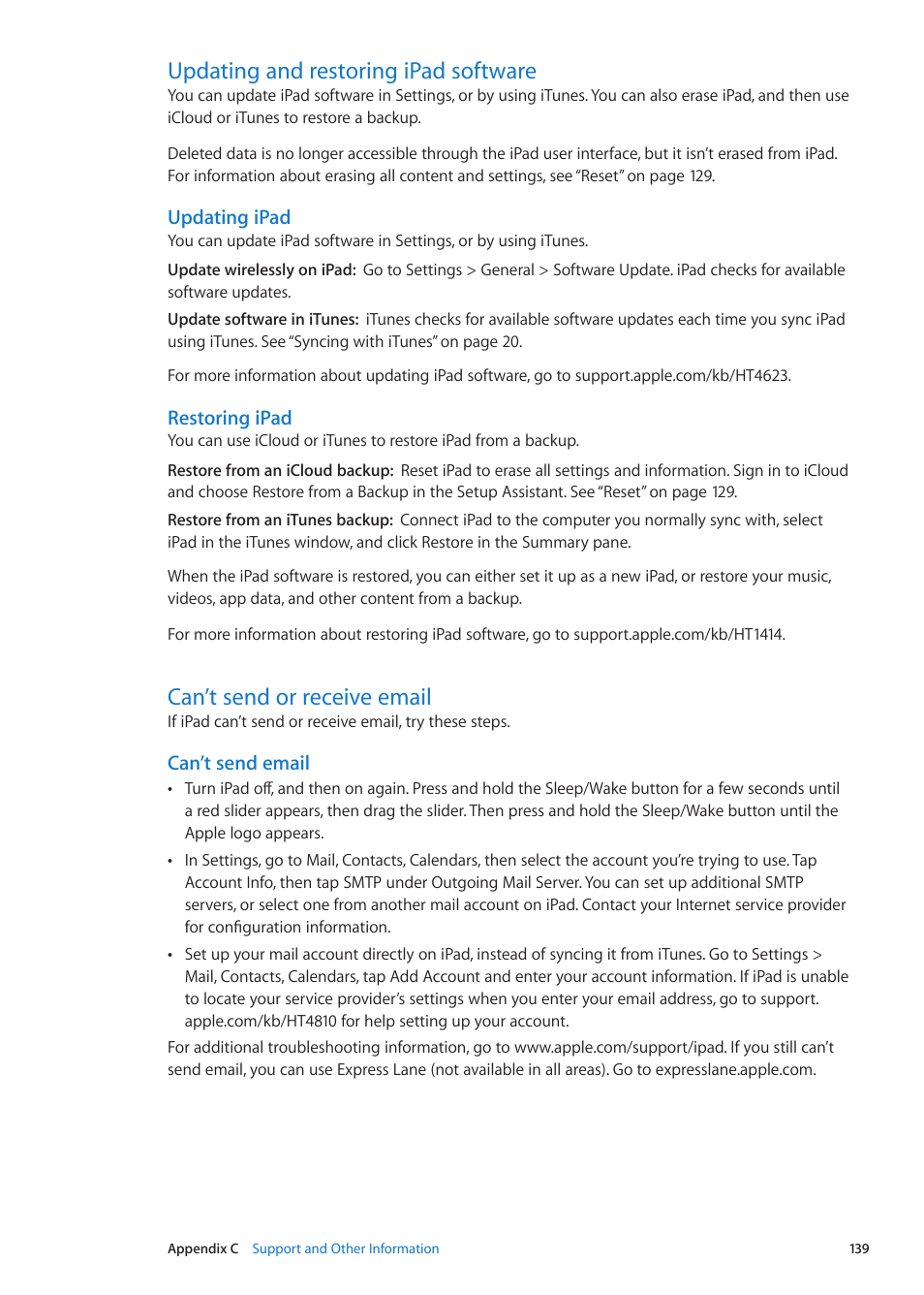 Updating and restoring ipad software, Can’t send or receive email, Updating ipad | Restoring ipad | Apple iPad iOS 5.1 User Manual | Page 139 / 144