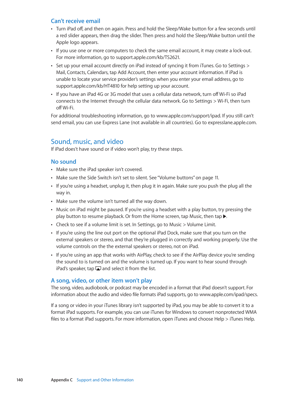 Sound, music, and video, 140 sound, music, and video, Can’t receive email | No sound, A song, video, or other item won’t play | Apple iPad iOS 5.1 User Manual | Page 140 / 144