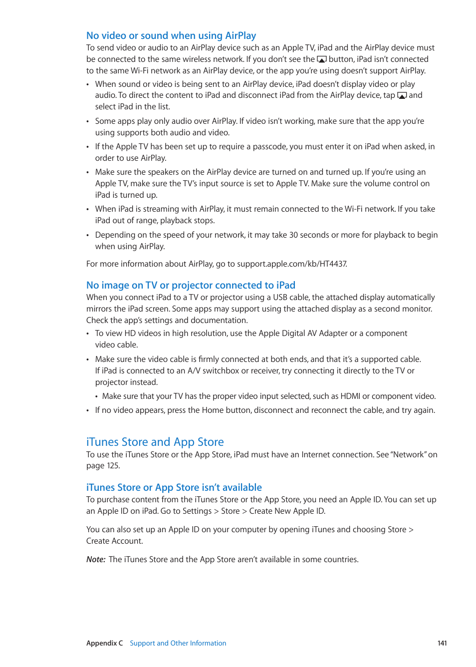 Itunes store and app store, 141 itunes store and app store, No video or sound when using airplay | No image on tv or projector connected to ipad, Itunes store or app store isn’t available | Apple iPad iOS 5.1 User Manual | Page 141 / 144