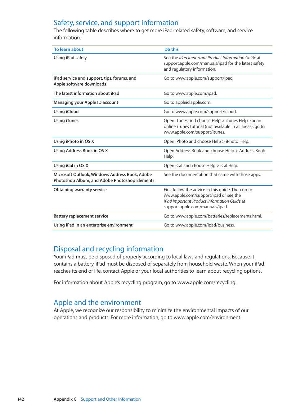 Safety, service, and support information, Disposal and recycling information, Apple and the environment | Apple iPad iOS 5.1 User Manual | Page 142 / 144