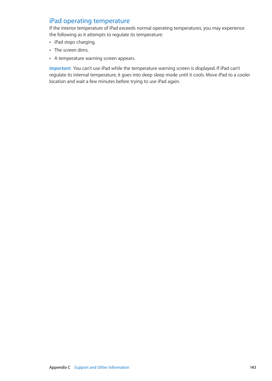 Ipad operating temperature, 143 ipad operating temperature | Apple iPad iOS 5.1 User Manual | Page 143 / 144