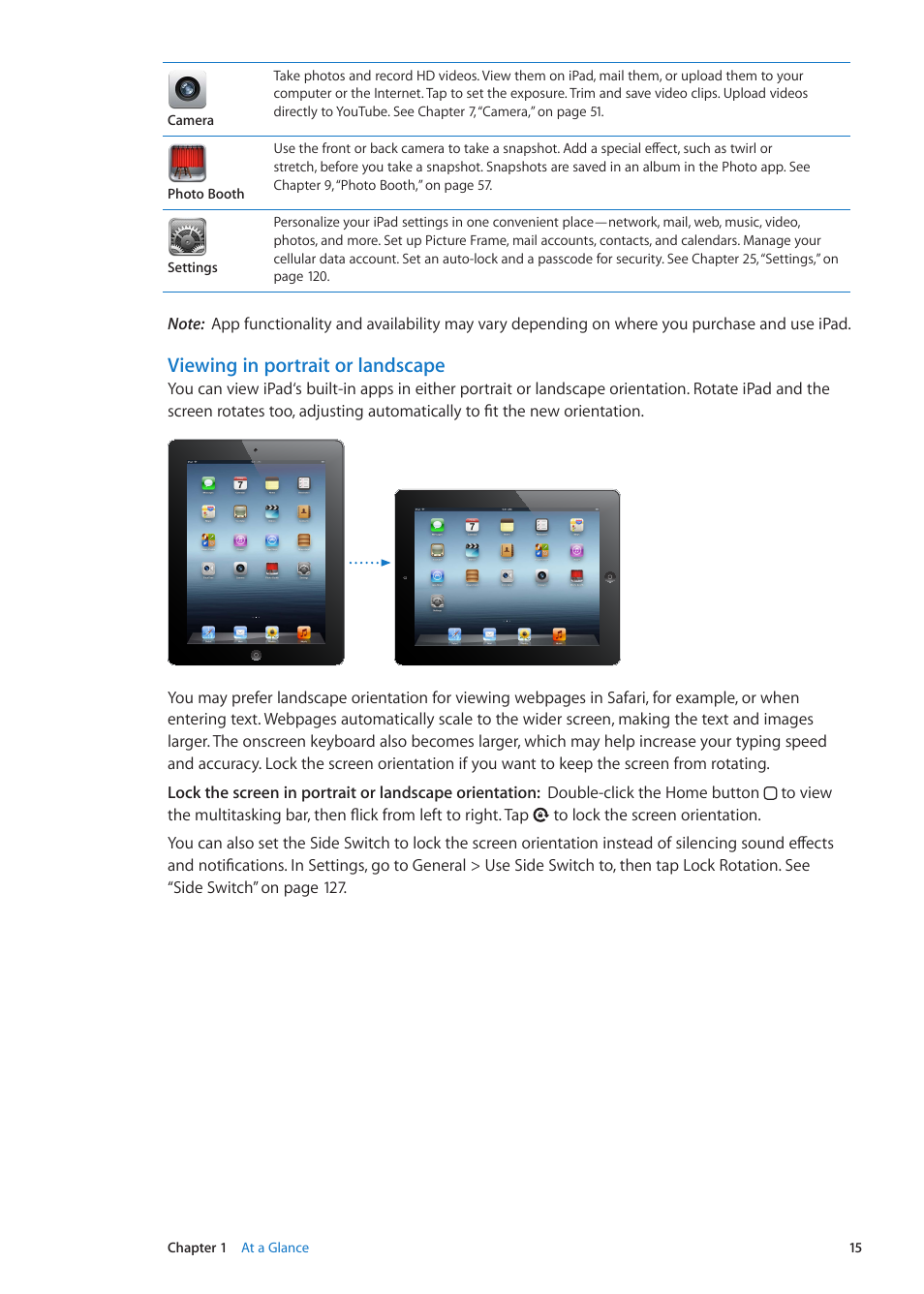 Viewing in portrait or landscape | Apple iPad iOS 5.1 User Manual | Page 15 / 144