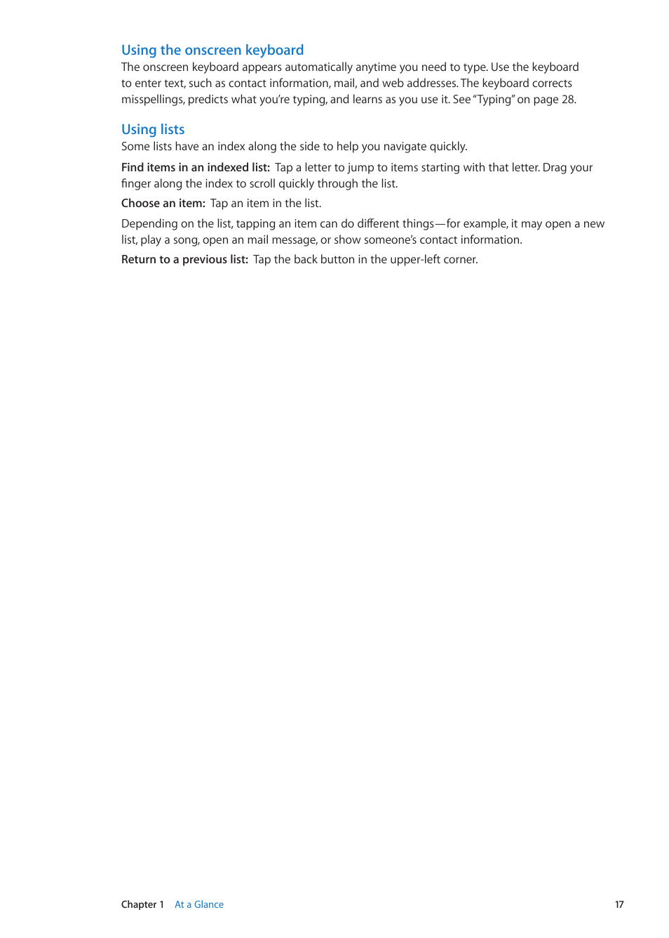 Using the onscreen keyboard, Using lists | Apple iPad iOS 5.1 User Manual | Page 17 / 144