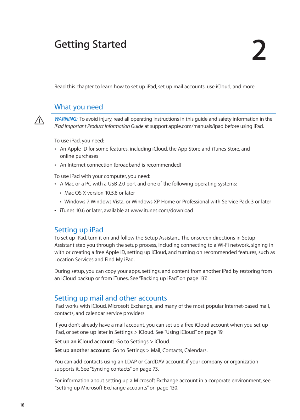 Chapter 2: getting started, What you need, Setting up ipad | Setting up mail and other accounts, Getting started | Apple iPad iOS 5.1 User Manual | Page 18 / 144