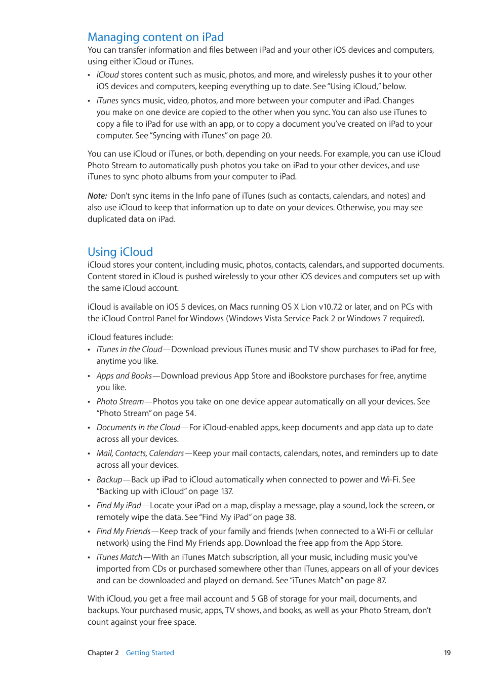 Managing content on ipad, Using icloud | Apple iPad iOS 5.1 User Manual | Page 19 / 144