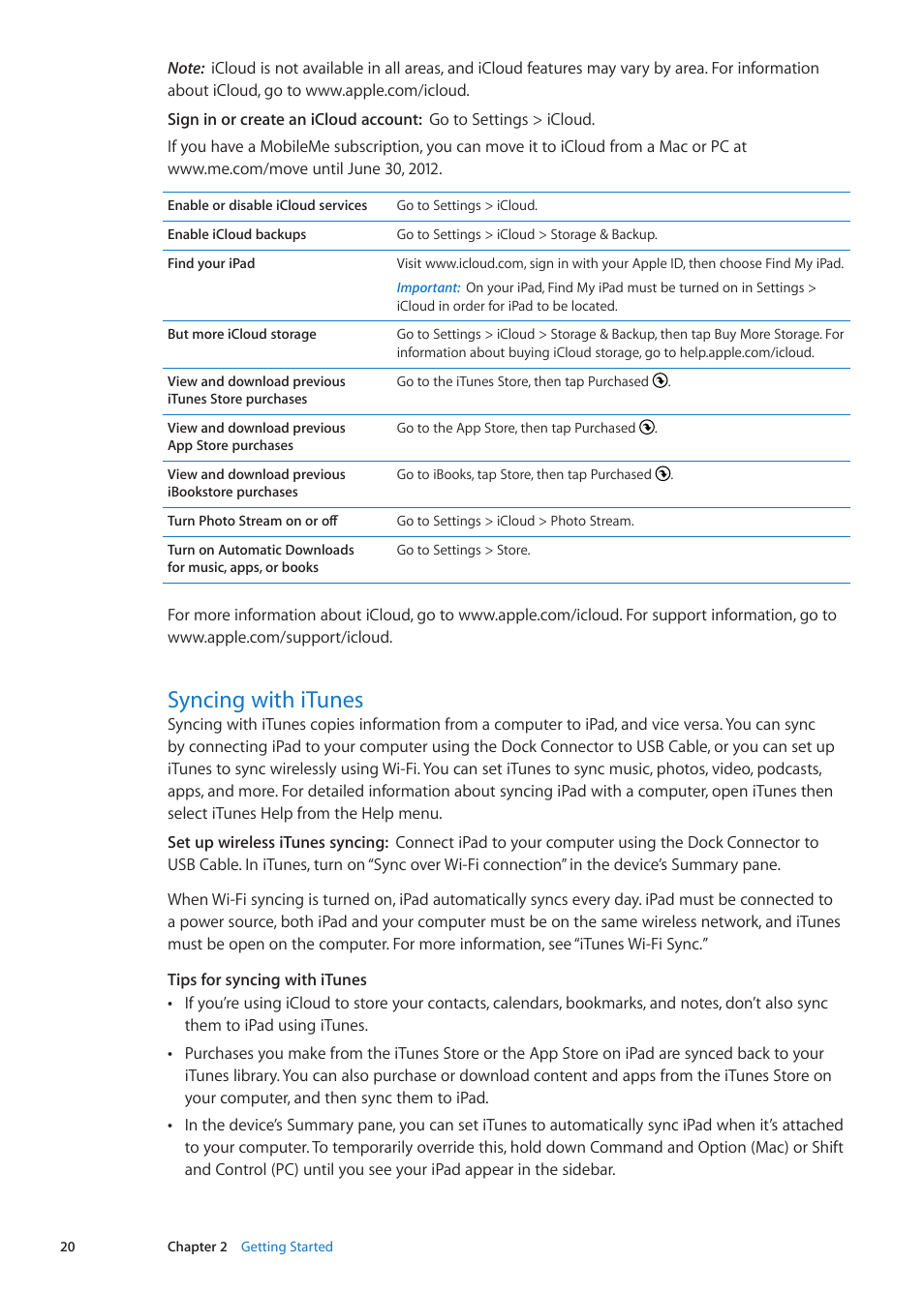 Syncing with itunes, 20 syncing with itunes | Apple iPad iOS 5.1 User Manual | Page 20 / 144