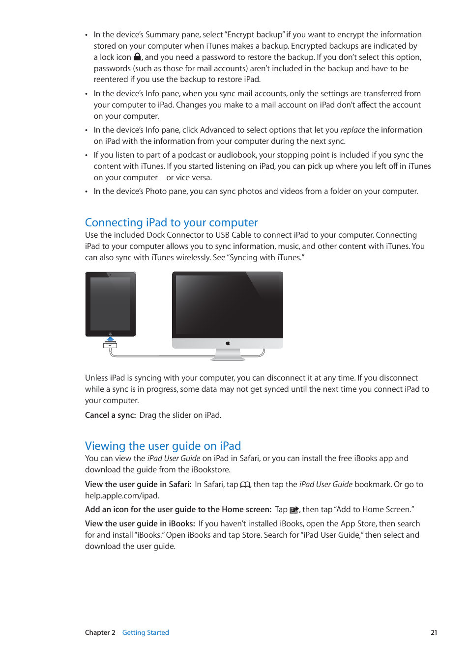 Connecting ipad to your computer, Viewing the user guide on ipad | Apple iPad iOS 5.1 User Manual | Page 21 / 144