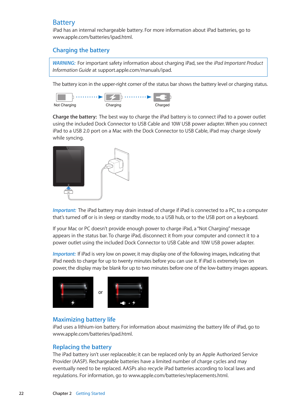 Battery, 22 battery, Charging the battery | Maximizing battery life, Replacing the battery | Apple iPad iOS 5.1 User Manual | Page 22 / 144