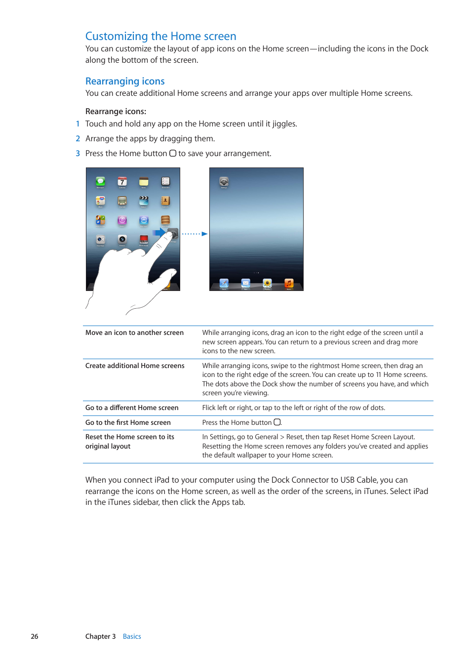 Customizing the home screen, 26 customizing the home screen, Rearranging icons | Apple iPad iOS 5.1 User Manual | Page 26 / 144