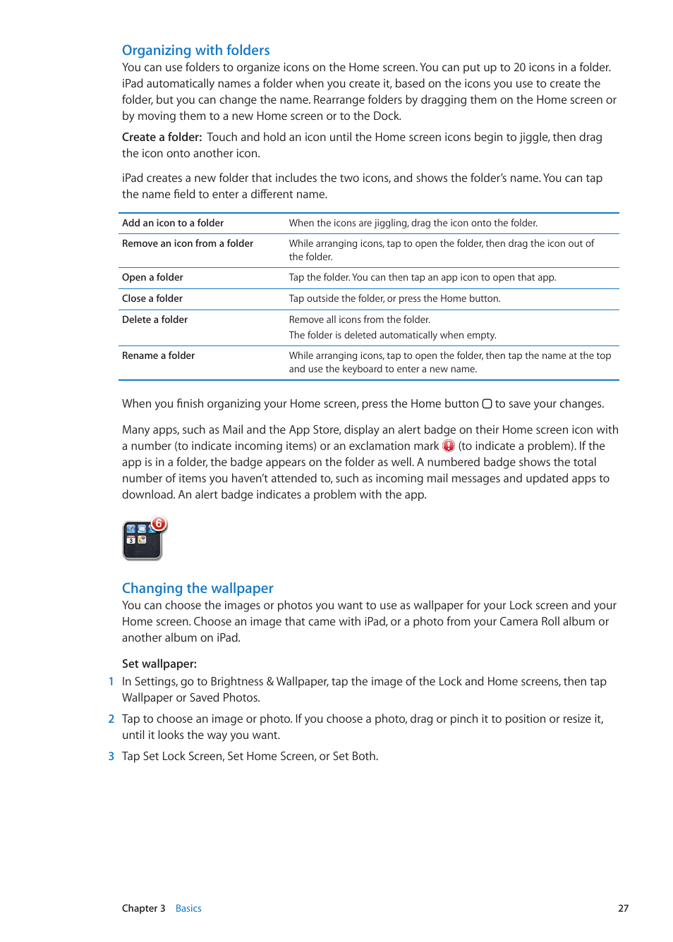 Organizing with folders, Changing the wallpaper | Apple iPad iOS 5.1 User Manual | Page 27 / 144