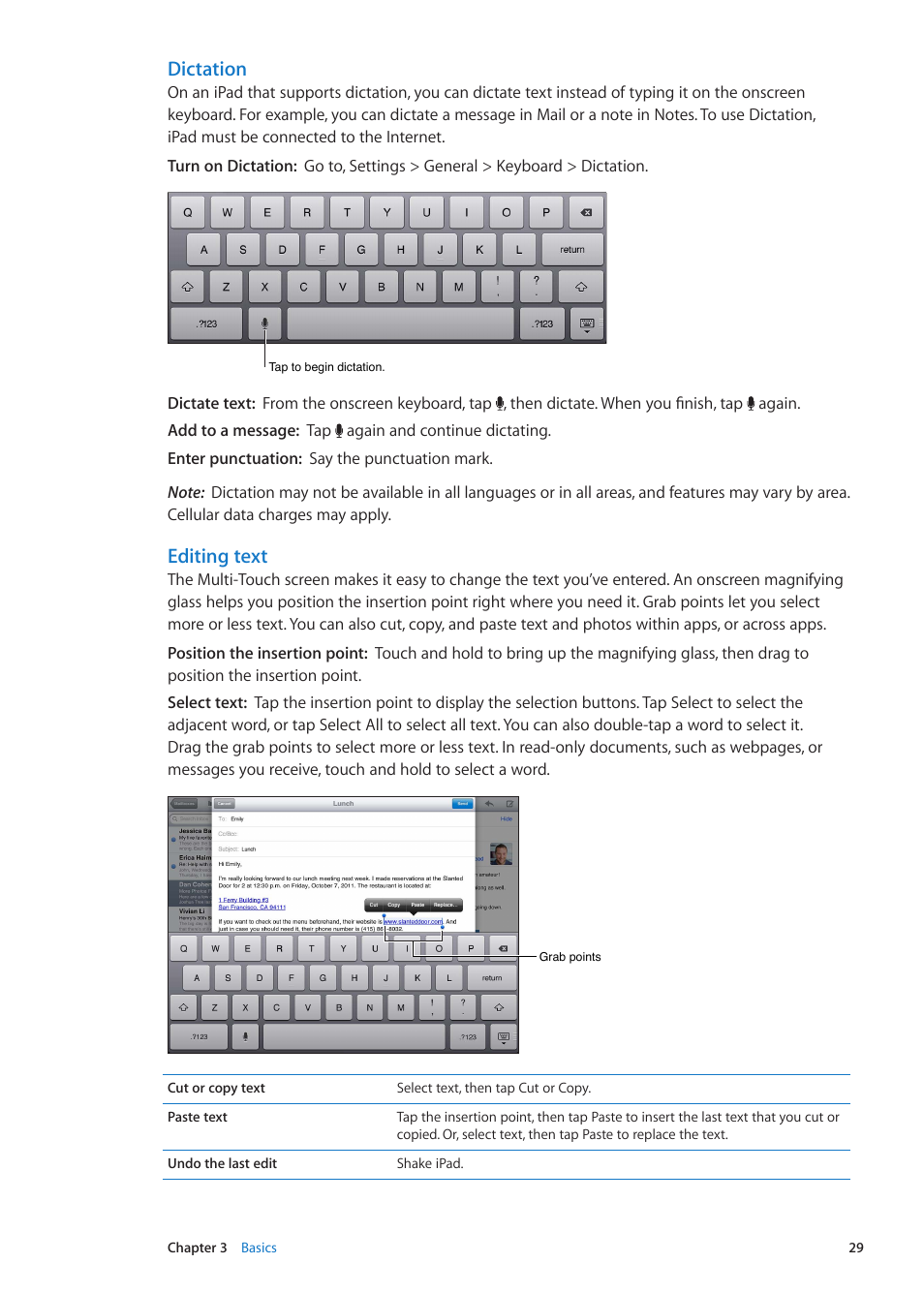 Dictation, Editing text | Apple iPad iOS 5.1 User Manual | Page 29 / 144