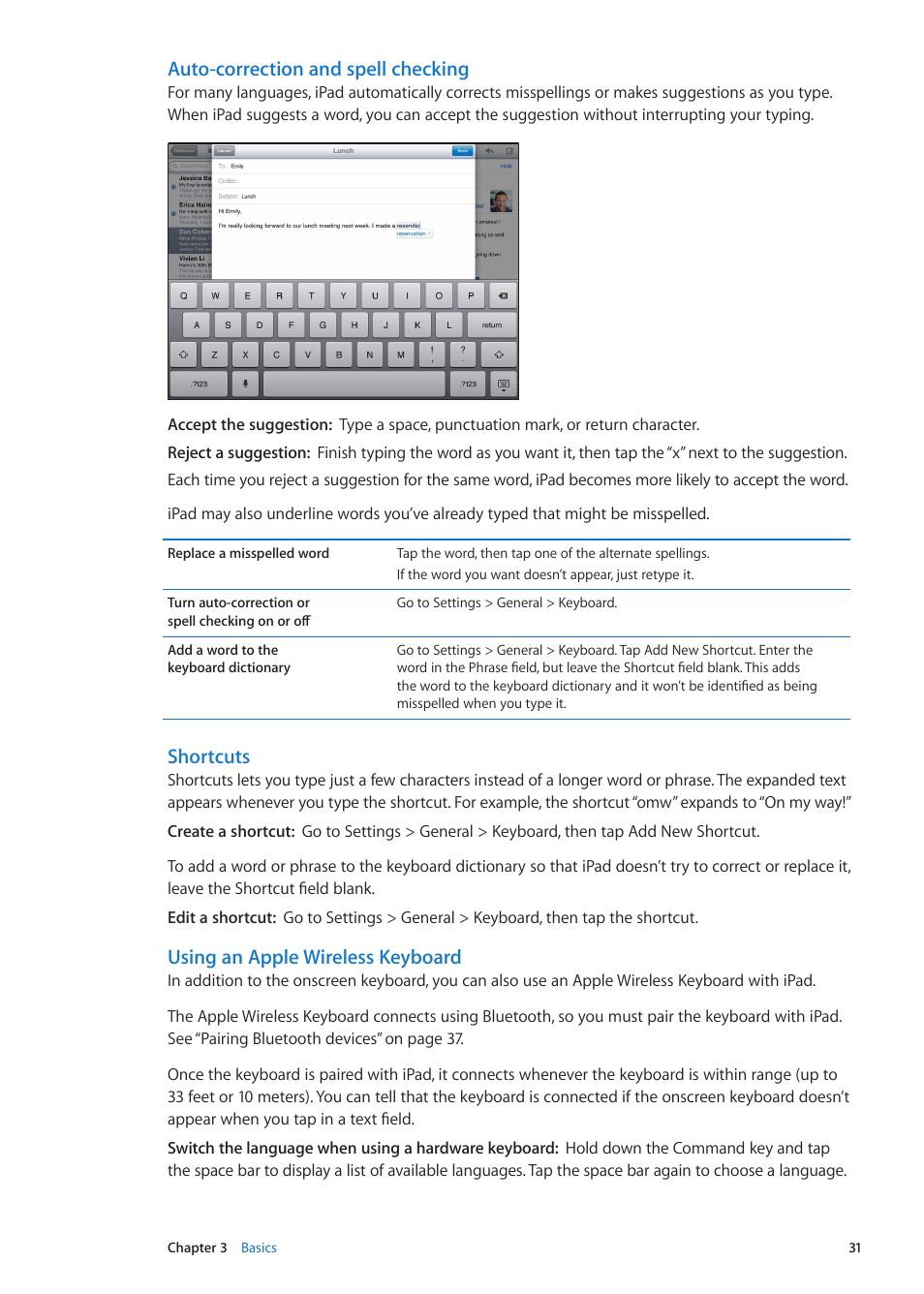 Using an apple wireless keyboard, Auto-correction and spell checking, Shortcuts | Apple iPad iOS 5.1 User Manual | Page 31 / 144