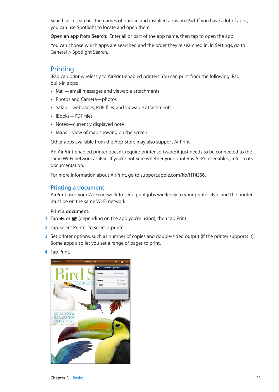 Printing, 33 printing, Printing a document | Apple iPad iOS 5.1 User Manual | Page 33 / 144