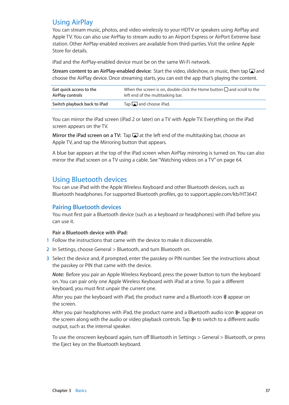 Using airplay, Using bluetooth devices, 37 using airplay 37 using bluetooth devices | Pairing bluetooth devices | Apple iPad iOS 5.1 User Manual | Page 37 / 144