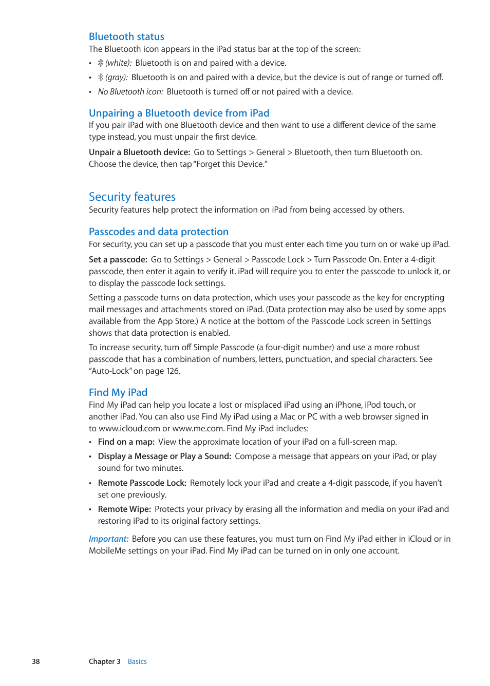 Security features, 38 security features, Find my ipad | Bluetooth status, Unpairing a bluetooth device from ipad, Passcodes and data protection | Apple iPad iOS 5.1 User Manual | Page 38 / 144