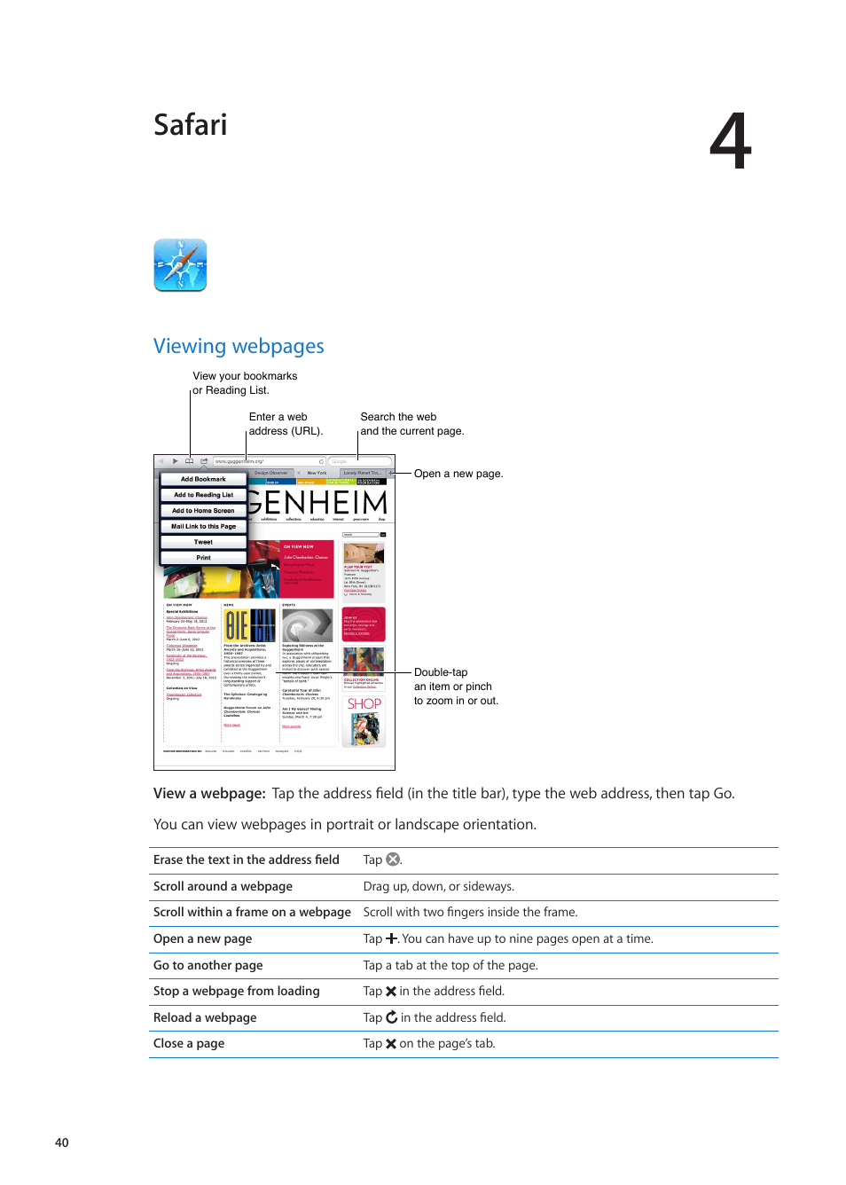 Chapter 4: safari, Safari, Viewing webpages | Apple iPad iOS 5.1 User Manual | Page 40 / 144