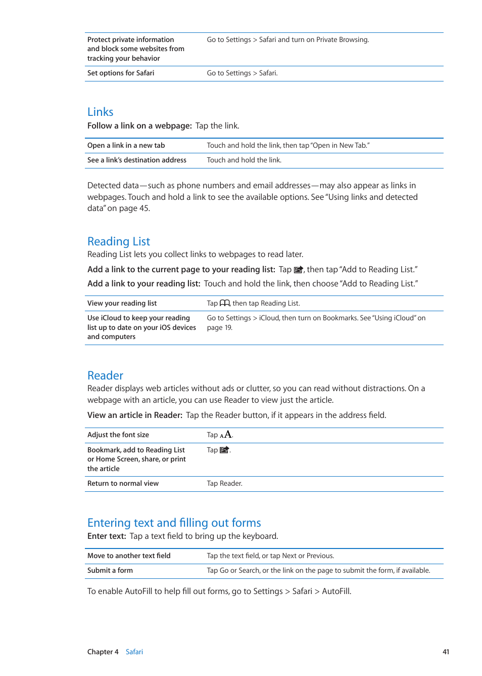 Links, Reading list, Reader | Entering text and filling out forms | Apple iPad iOS 5.1 User Manual | Page 41 / 144