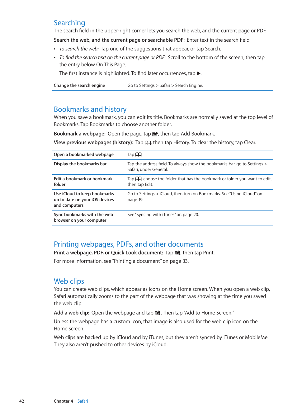 Searching, Bookmarks and history, Web clips | Printing webpages, pdfs, and other documents | Apple iPad iOS 5.1 User Manual | Page 42 / 144