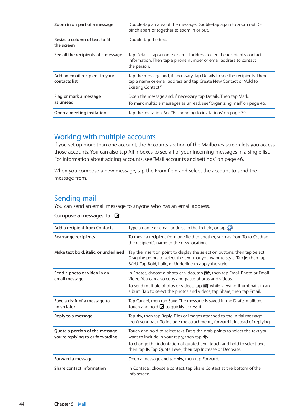 Working with multiple accounts, Sending mail, 44 working with multiple accounts 44 sending mail | Apple iPad iOS 5.1 User Manual | Page 44 / 144