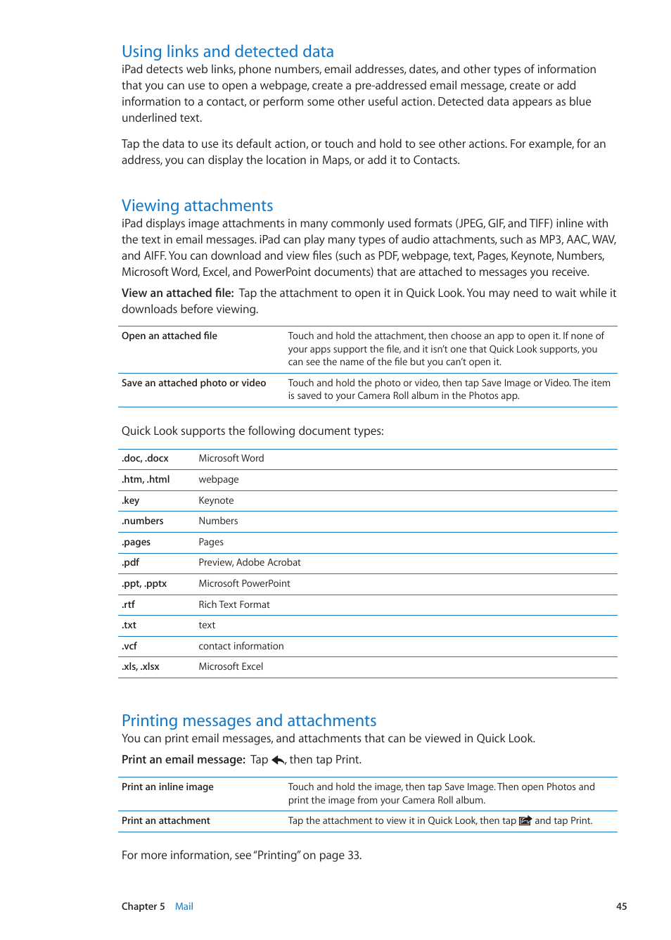 Using links and detected data, Viewing attachments, Printing messages and attachments | Apple iPad iOS 5.1 User Manual | Page 45 / 144