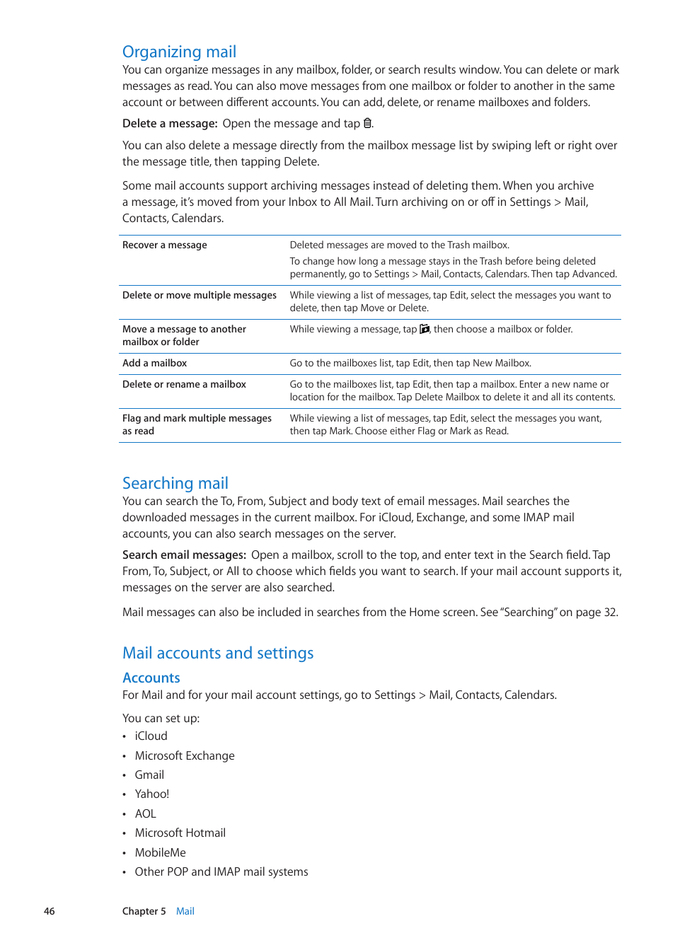 Organizing mail, Searching mail, Mail accounts and settings | Accounts | Apple iPad iOS 5.1 User Manual | Page 46 / 144