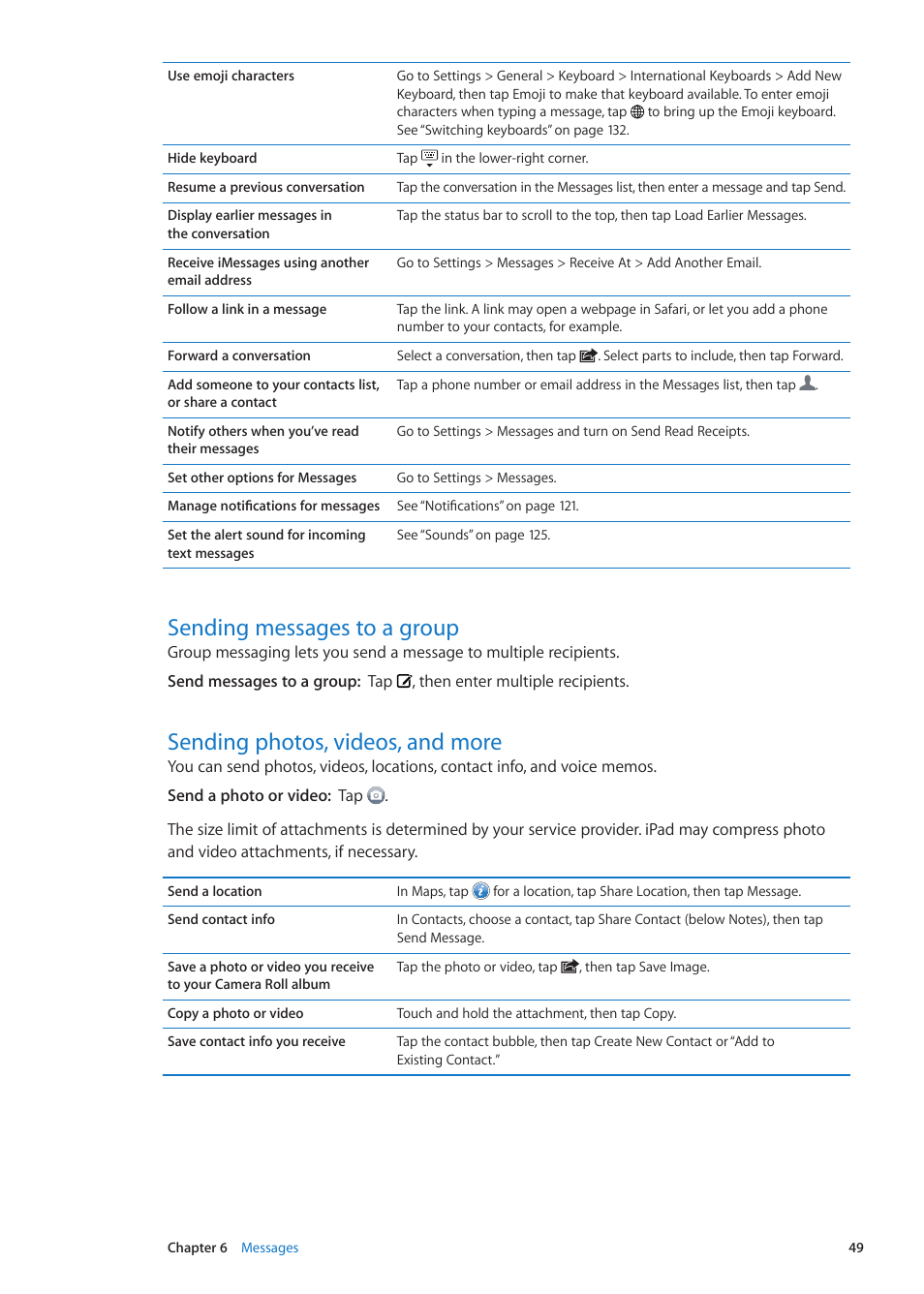 Sending messages to a group, Sending photos, videos, and more | Apple iPad iOS 5.1 User Manual | Page 49 / 144