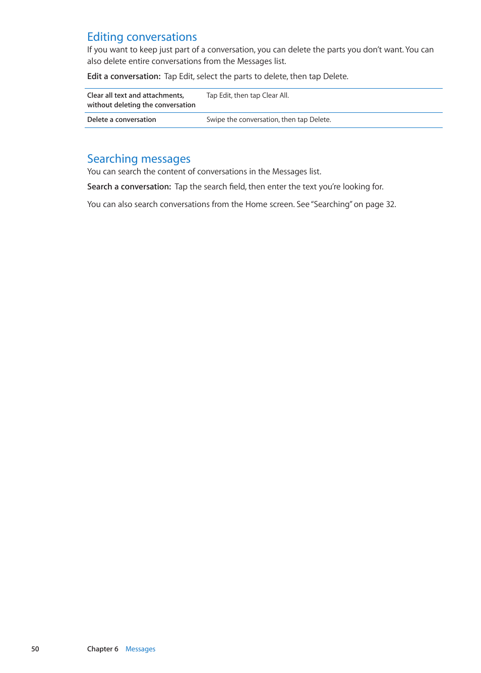 Editing conversations, Searching messages, 50 editing conversations 50 searching messages | Apple iPad iOS 5.1 User Manual | Page 50 / 144