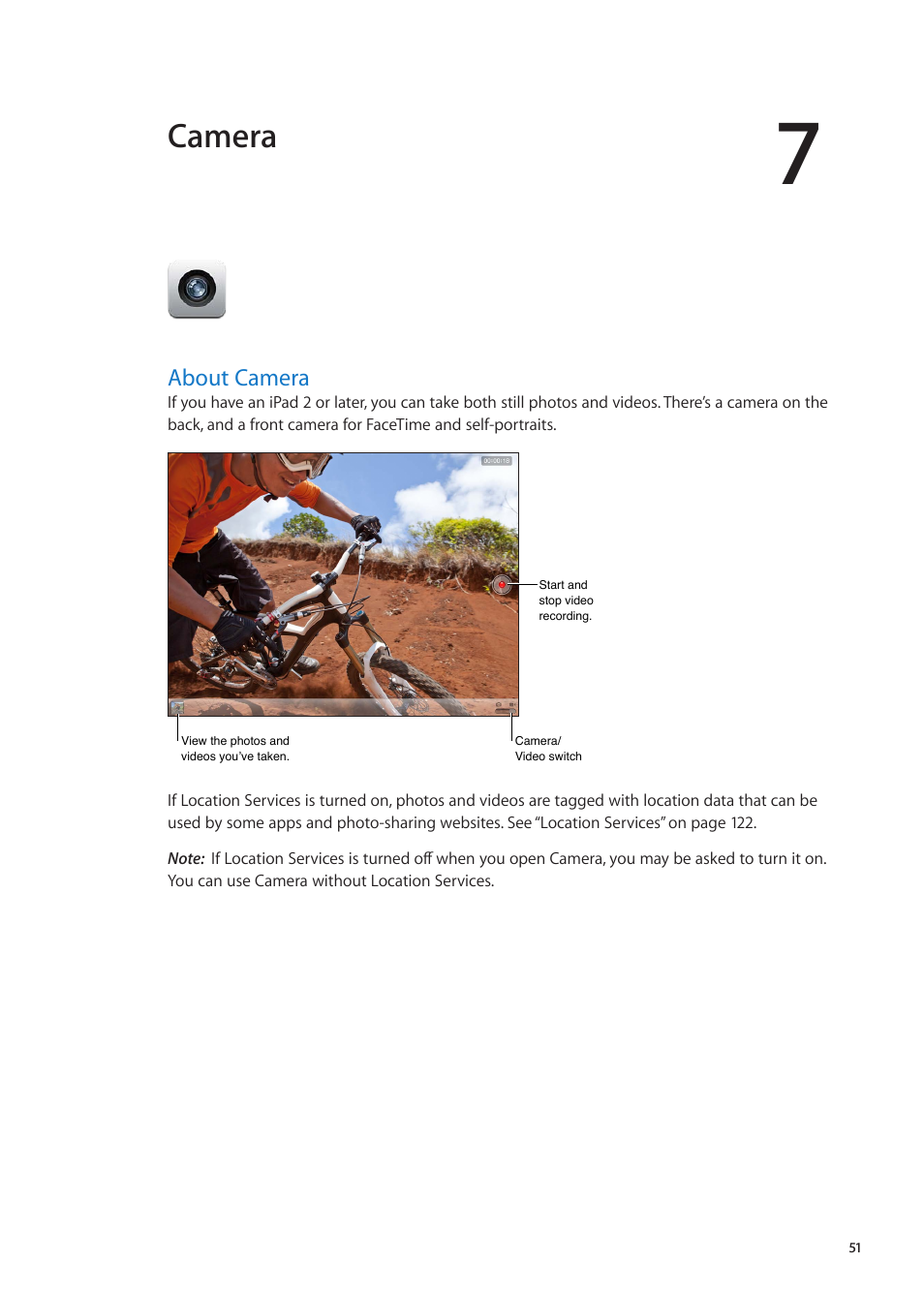 Chapter 7: camera, About camera, Camera | Apple iPad iOS 5.1 User Manual | Page 51 / 144