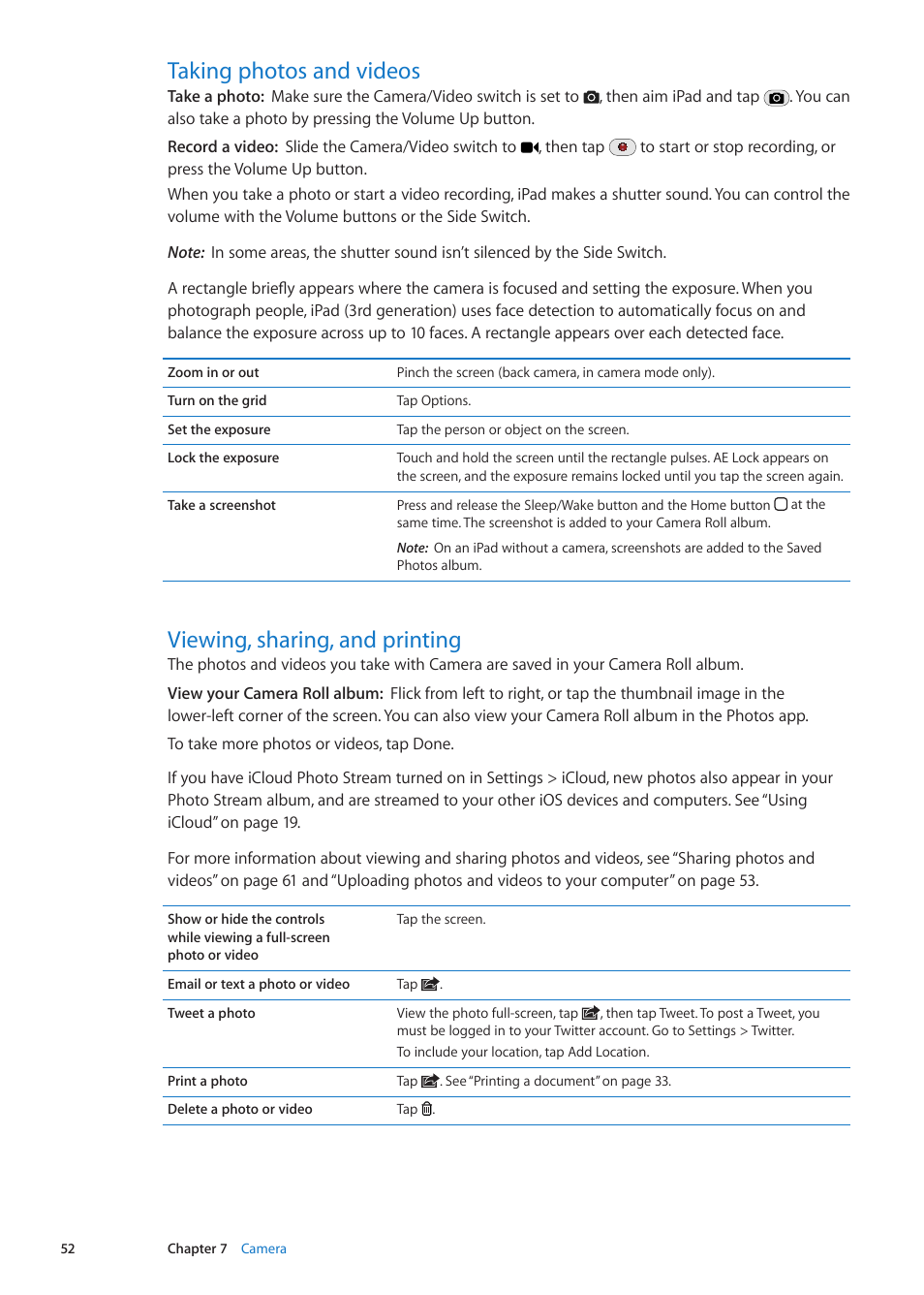 Taking photos and videos, Viewing, sharing, and printing | Apple iPad iOS 5.1 User Manual | Page 52 / 144