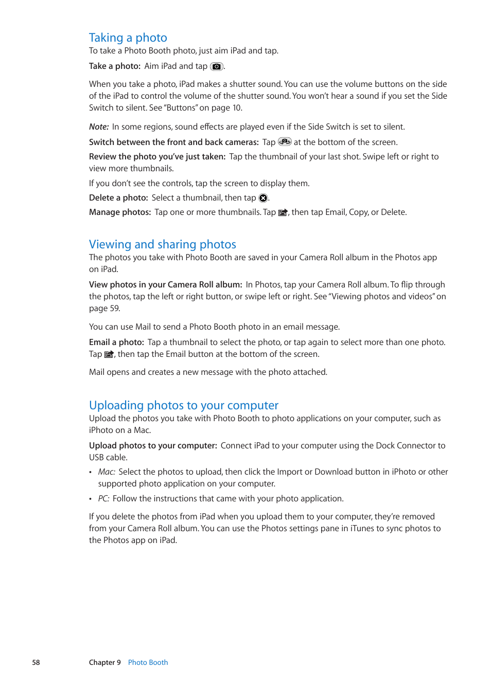 Taking a photo, Viewing and sharing photos, Uploading photos to your computer | Apple iPad iOS 5.1 User Manual | Page 58 / 144