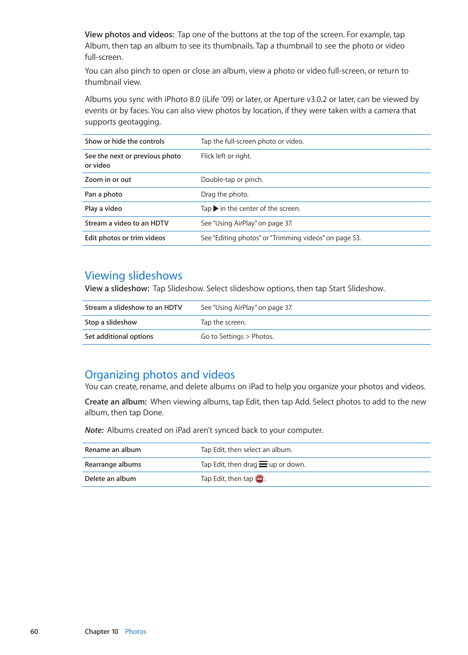 Viewing slideshows, Organizing photos and videos | Apple iPad iOS 5.1 User Manual | Page 60 / 144