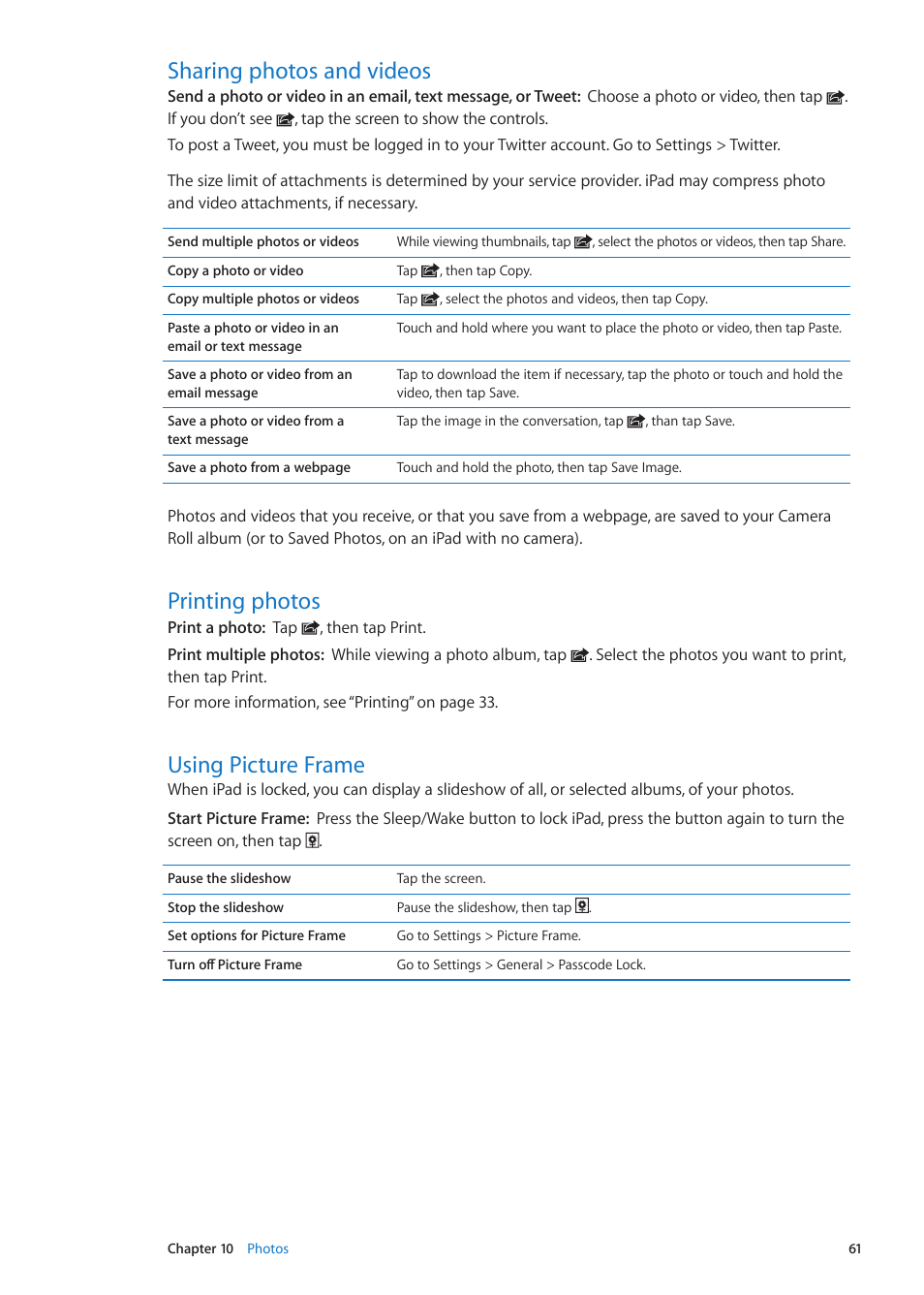 Sharing photos and videos, Printing photos, Using picture frame | 61 and | Apple iPad iOS 5.1 User Manual | Page 61 / 144