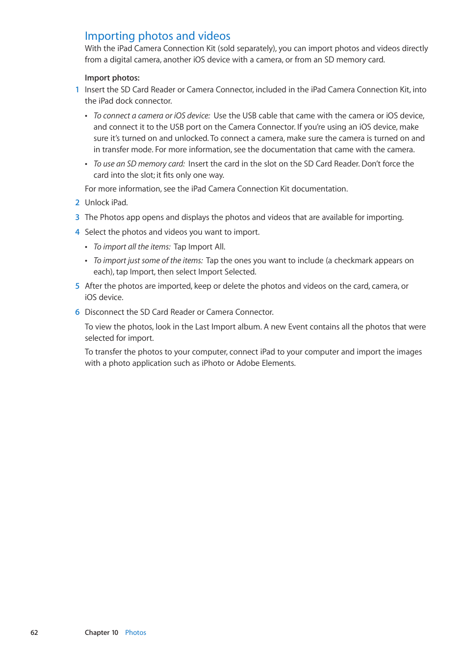 Importing photos and videos, 62 importing photos and videos | Apple iPad iOS 5.1 User Manual | Page 62 / 144