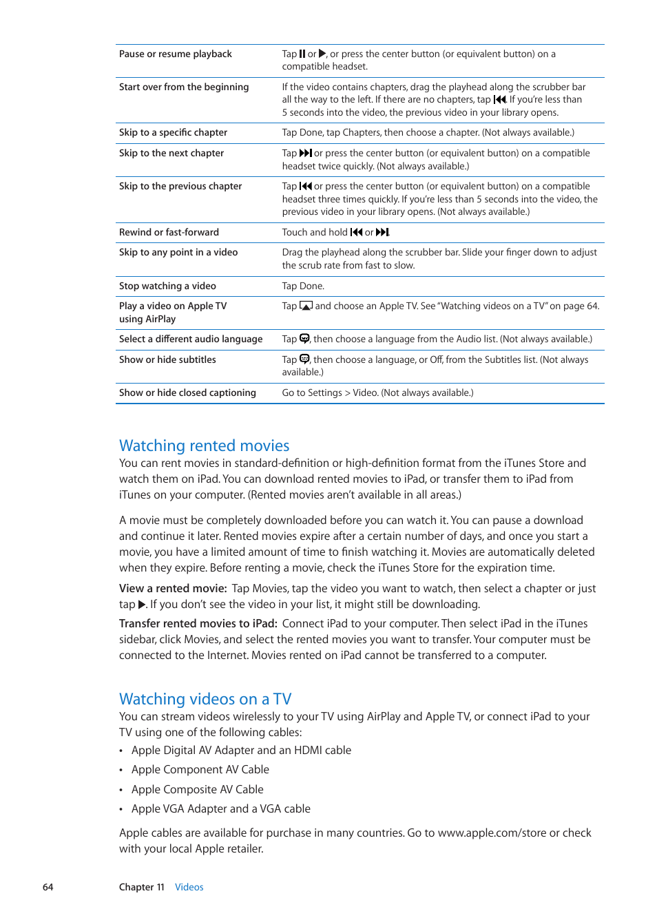 Watching rented movies, Watching videos on a tv, 64 watching rented movies | 64 watching videos on a tv | Apple iPad iOS 5.1 User Manual | Page 64 / 144