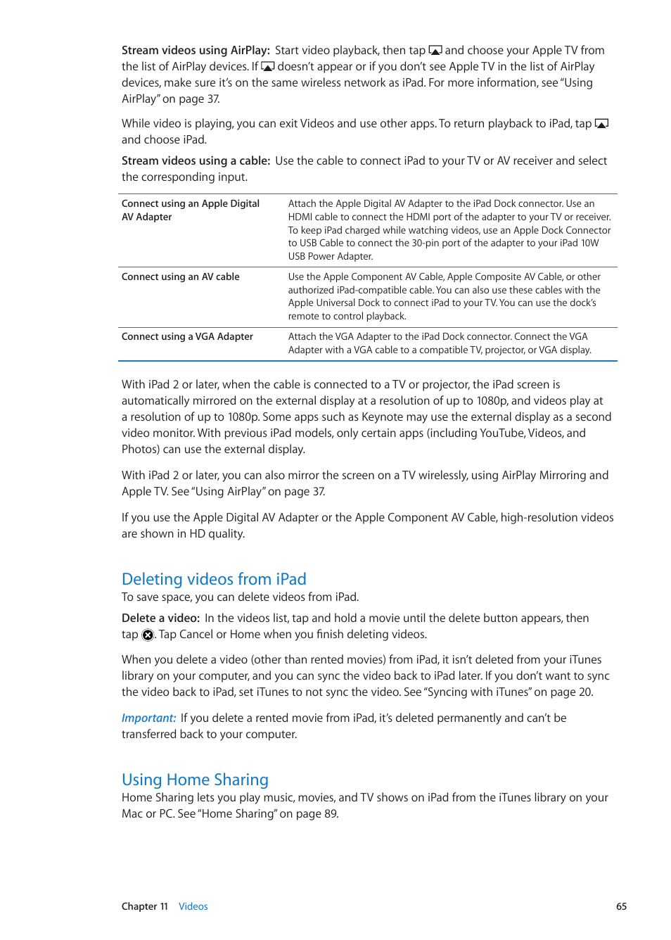 Deleting videos from ipad, Using home sharing, 65 deleting videos from ipad 65 using home sharing | Apple iPad iOS 5.1 User Manual | Page 65 / 144