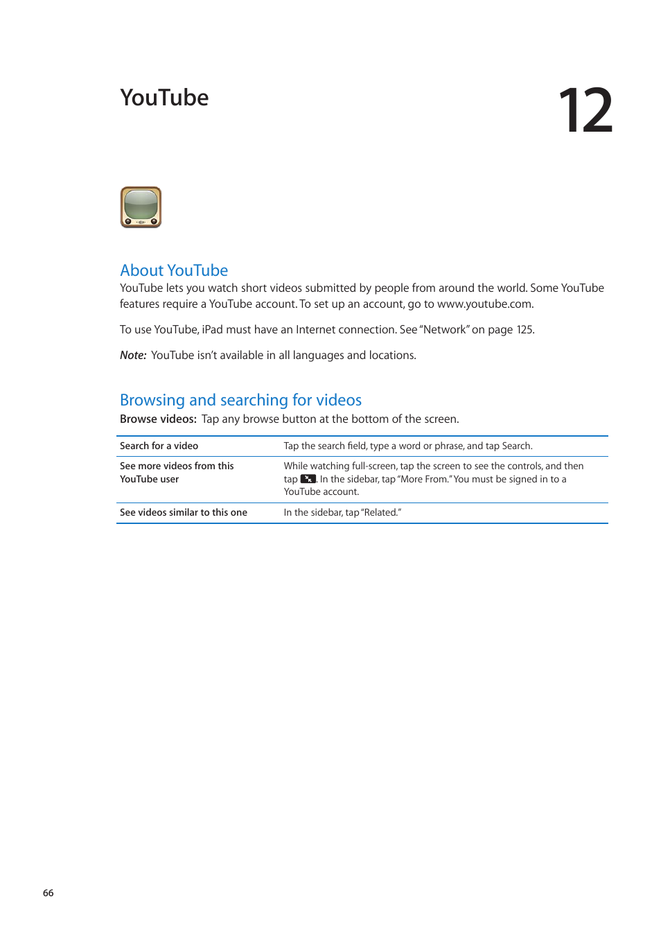 Chapter 12: youtube, About youtube, Browsing and searching for videos | Youtube | Apple iPad iOS 5.1 User Manual | Page 66 / 144
