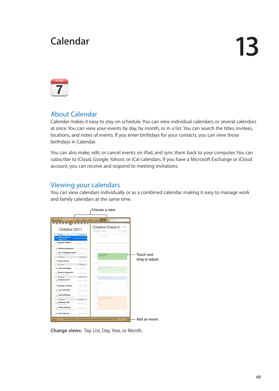 Chapter 13: calendar, About calendar, Viewing your calendars | 69 about calendar 69 viewing your calendars, Calendar | Apple iPad iOS 5.1 User Manual | Page 69 / 144