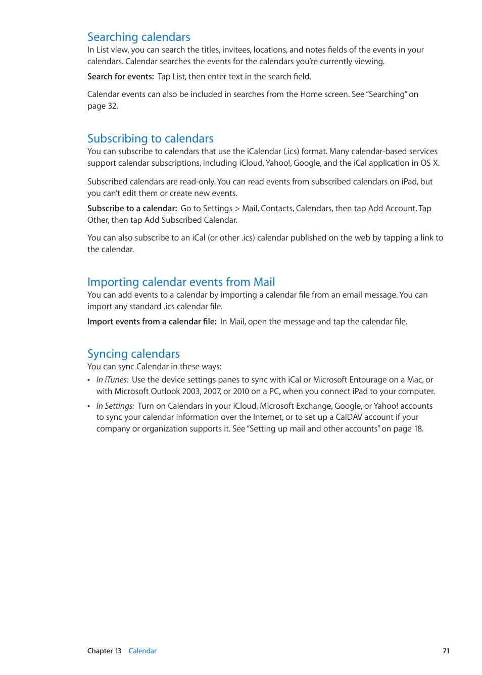 Searching calendars, Subscribing to calendars, Importing calendar events from mail | Syncing calendars | Apple iPad iOS 5.1 User Manual | Page 71 / 144